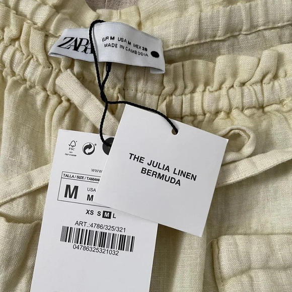 Zara 100% Linen Shorts w/ Pockets Oversized Cream Pastel Yellow Medium NWT - Picture 6 of 9